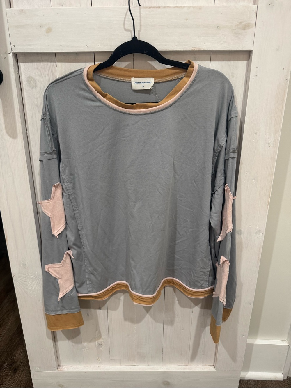 Gray Long Sleeve Star Appliqué Top with Pink Accents